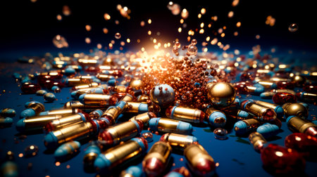 Pile of bullet shells with bright light coming out of the top. Generative AI.の素材