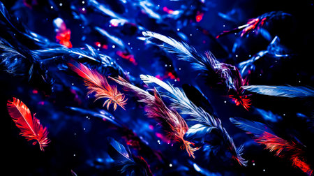 Group of colorful feathers flying through the air on blue background with stars. Generative AI.の素材