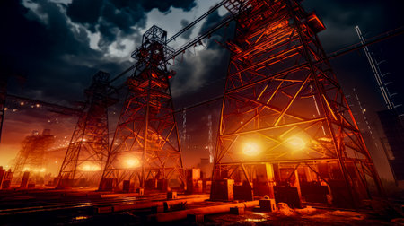 Computer generated image of power plant at night with full moon in the background. Generative AI.の素材