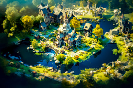 Aerial view of large house in the middle of the lake with lots of trees. Generative AI.の素材