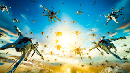 Group of planes flying through the air over mountain range with sun in the background. Generative AI.の素材