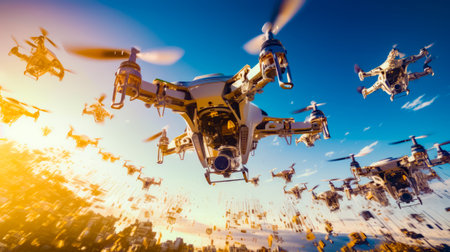 Large group of propellers flying through the air over cityscape. Generative AI.の素材