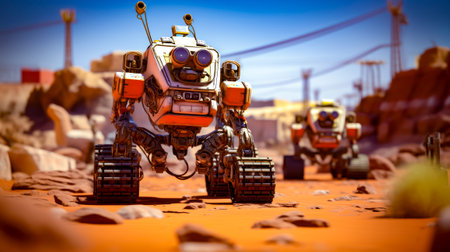 Group of toy cars sitting in the middle of desert area in front of power lines. Generative AI.の素材