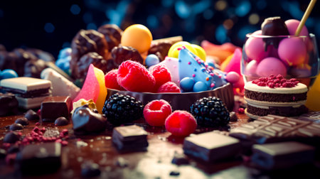 Table topped with lots of different types of candies and chocolates. Generative AI.の素材