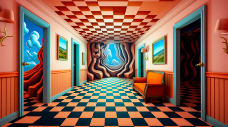 Room that has checkered floor and painting on the wall. Generative AI.の素材