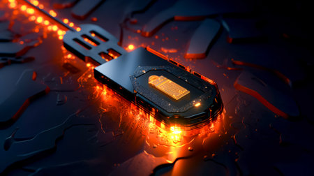 Close up of cell phone on table with keyboard in the background. Generative AI.の素材