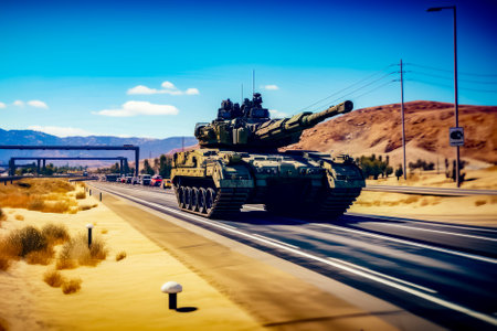 Couple of tanks driving down street next to road divider. Generative AI.の素材
