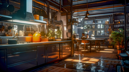 Kitchen filled with lots of counter top space next to dining room. Generative AI.の素材