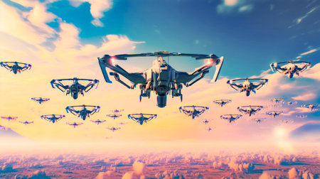 Group of military planes flying in formation in the sky above the clouds. Generative AI.の素材