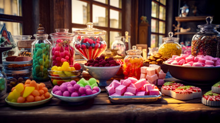 Table topped with lots of different types of candies and candy bars. Generative AI.の素材