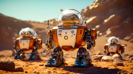 Close up of robot on dirt surface with mountains in the background. Generative AI.の素材