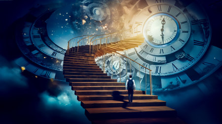 Man standing on stair case in front of staircase with clock in the background. Generative AI.の素材