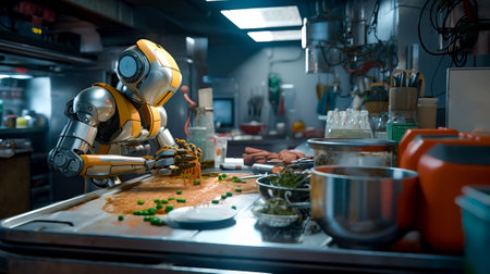 Robot standing in kitchen next to table with food on it. Generative AI.の素材