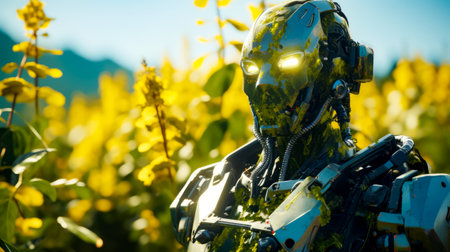 Robot standing in front of field of sunflowers with glowing eyes. Generative AI.の素材