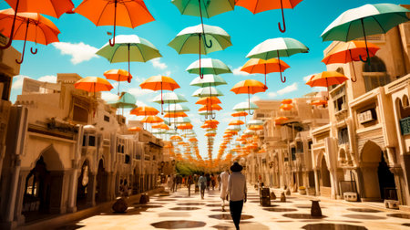 Woman walking down street with lots of umbrellas hanging from the ceiling. Generative AI.の素材