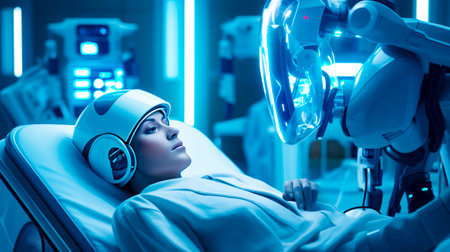 Woman laying in hospital bed with headphones on and medical machine in the background. Generative AI.の素材