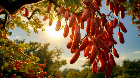 Tree filled with lots of red fruit hanging from it's branches. Generative AI.の素材