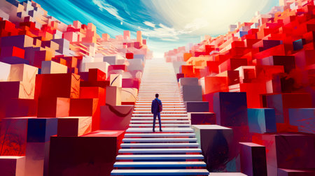 Man standing on set of stairs in front of sky filled with cubes. Generative AI.の素材