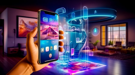 Person holding cell phone in front of graphic of house. Generative AI.の素材