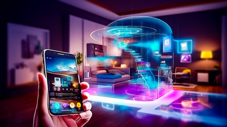 Person holding smart phone in front of room with spiral staircase. Generative AI.の素材