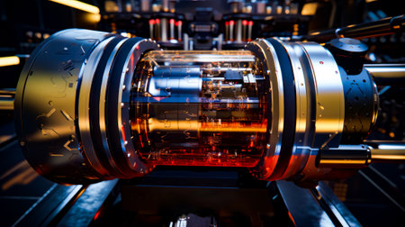 Close up of machine with red light coming out of it. Generative AI.の素材