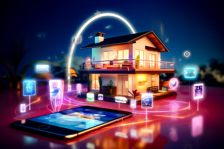 Smart phone sitting on top of table in front of house. Generative AI.の素材