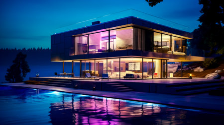 House with pool in front of it and lit up deck. Generative AI.の素材