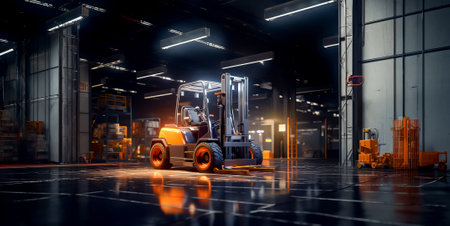 Forklift parked in warehouse with lights on the ceiling and on the floor. Generative AI.の素材