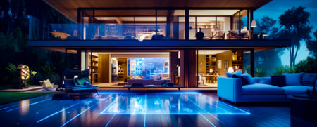 Living room filled with furniture next to large swimming pool in front of tall building. Generative AI.の素材