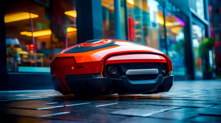 Red and black motorcycle parked on the side of street next to tall building. Generative AI.の素材