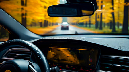 The dashboard of car with view of the road through the windshield. Generative AI.の素材