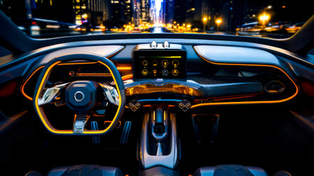 The interior of car with dashboard and steering wheel in the foreground. Generative AI.の素材
