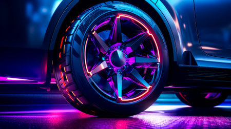Close up of car wheel with neon lights on the side of it. Generative AI.の素材