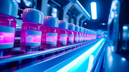 Row of bottles of pink liquid on conveyor belt in factory. Generative AI.の素材