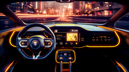 The interior of car with steering wheel, dashboard, and dashboard lights. Generative AI.の素材