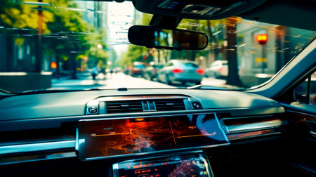 Dashboard view of car driving down city street with lot of traffic. Generative AI.の素材