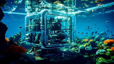 Large machine in the middle of the body of water with lot of fish around it. Generative AI.の素材