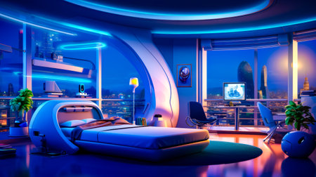 Futuristic bedroom with view of the city from the window of the room. Generative AI.の素材