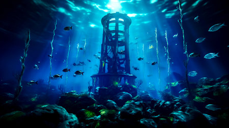 Clock tower in the middle of the sea with fish swimming around it. Generative AI.の素材