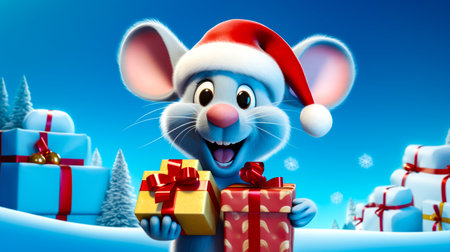 Cartoon mouse with santa hat holding gift box in the snow. Generative AI.の素材
