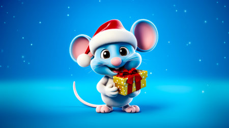 Cartoon mouse wearing santa hat and holding gift box with red ribbon. Generative AI.の素材
