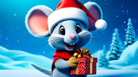 Cartoon mouse with santa hat holding gift box in the snow. Generative AI.の素材
