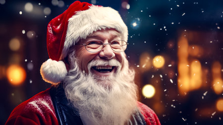 Close up of person wearing santa clause hat and smiling at the camera. Generative AI.の素材