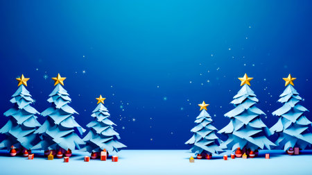 Christmas scene with blue sky and three small trees with presents under them. Generative AI.の素材