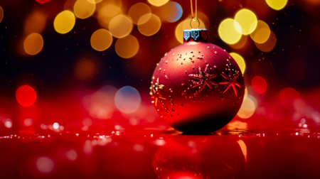 Red christmas ornament hanging from string on red table. Generative AI.の素材