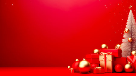 Red christmas background with presents and baubles on red background. Generative AI.の素材
