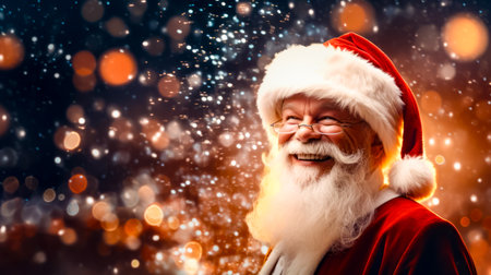 Close up of person wearing santa clause hat and glasses with snowflakes in the background. Generative AI.の素材