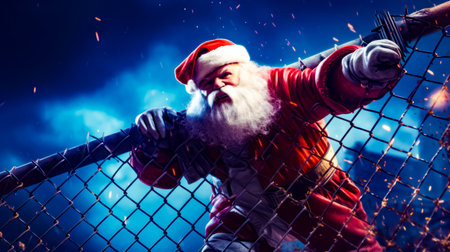 Man dressed as santa claus holding baseball bat behind chain link fence. Generative AI.の素材