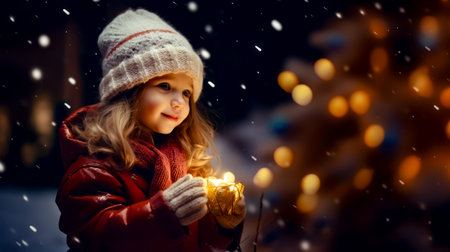 Little girl holding lit candle in her hands while wearing hat. Generative AI.の素材