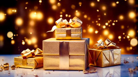 Group of gold wrapped presents sitting on top of white tablecloth. Generative AI.の素材